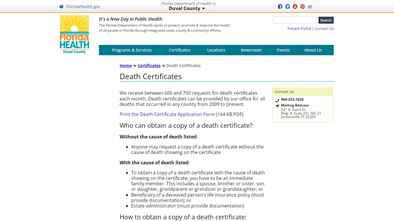 Death Certificates | Florida Department of Health in Duval